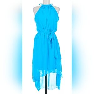 Jessica Simpson Aqua Blue Belted High-Low Halter Dress Floral Cutouts Hem Size 8